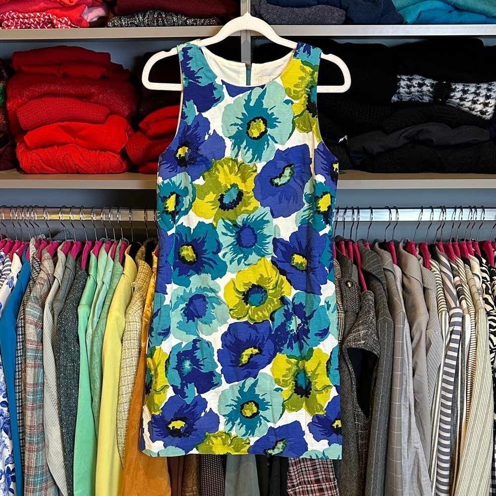 Loft 99% cotton blue/green floral sleeveless exposed back zipper dress size 2